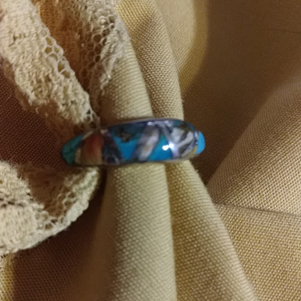STERLING SILVER  BAND RING, WITH NATURAL MULTI INLAY TURQUOISE.  .SIZE 6